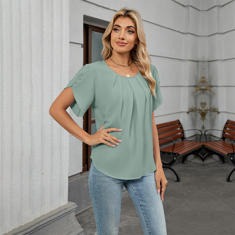 Women's Petal Sleeve Pleated Neck Blouse