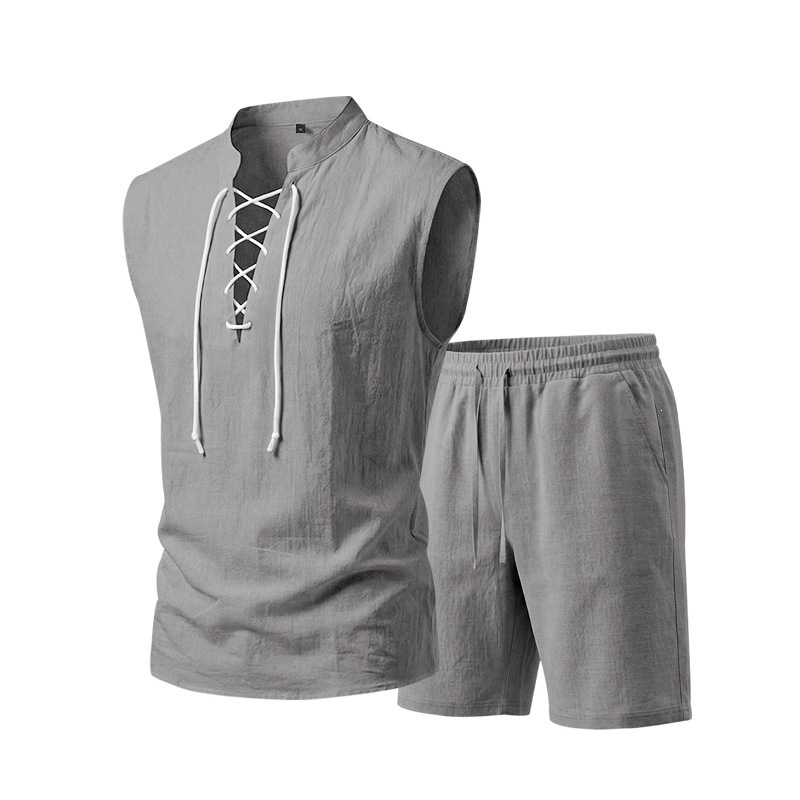 👕 BEFRISTET 55% RABATT! ✨ Herren Leinen-Set – Ärmelloses Top mit Schnürung, Shorts, 7 Farben ☀️