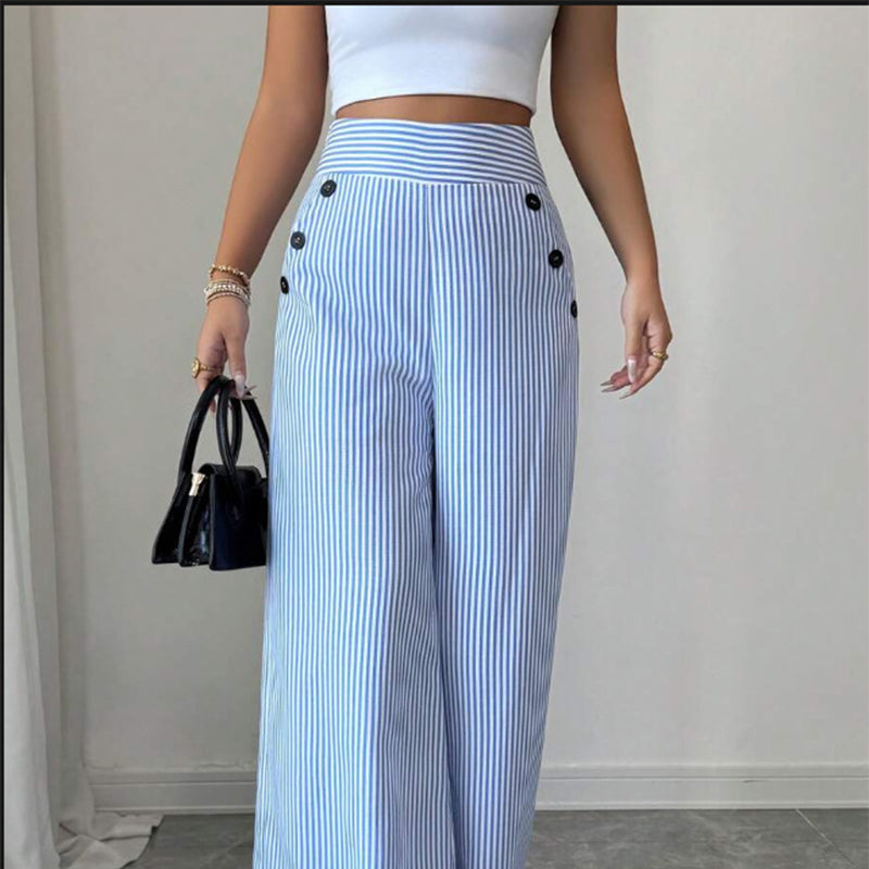 ✨Damen Leinenhose mit Blau-Weiß-Streifen 👖 Hohe Taille & Lockerer Gerader Schnitt