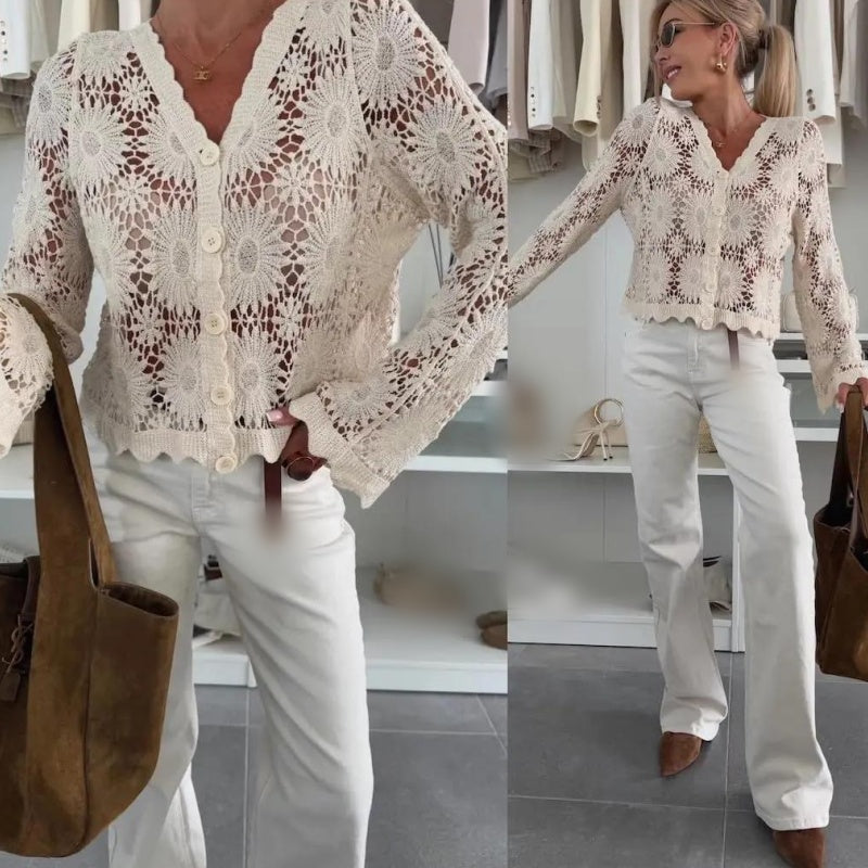 Damen Strickjacke mit Blumen-Häkelmuster