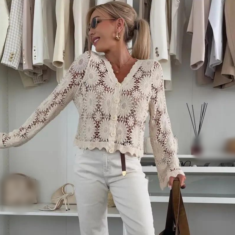 Damen Strickjacke mit Blumen-Häkelmuster