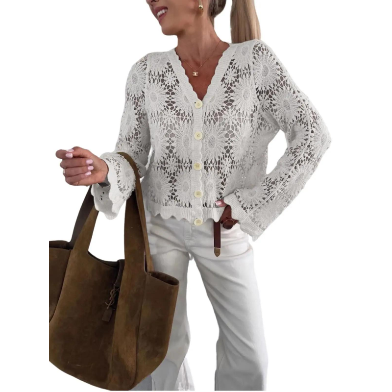 Damen Strickjacke mit Blumen-Häkelmuster