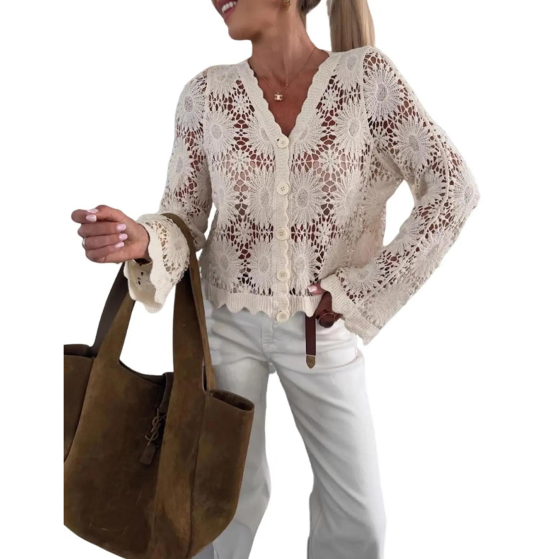 Damen Strickjacke mit Blumen-Häkelmuster