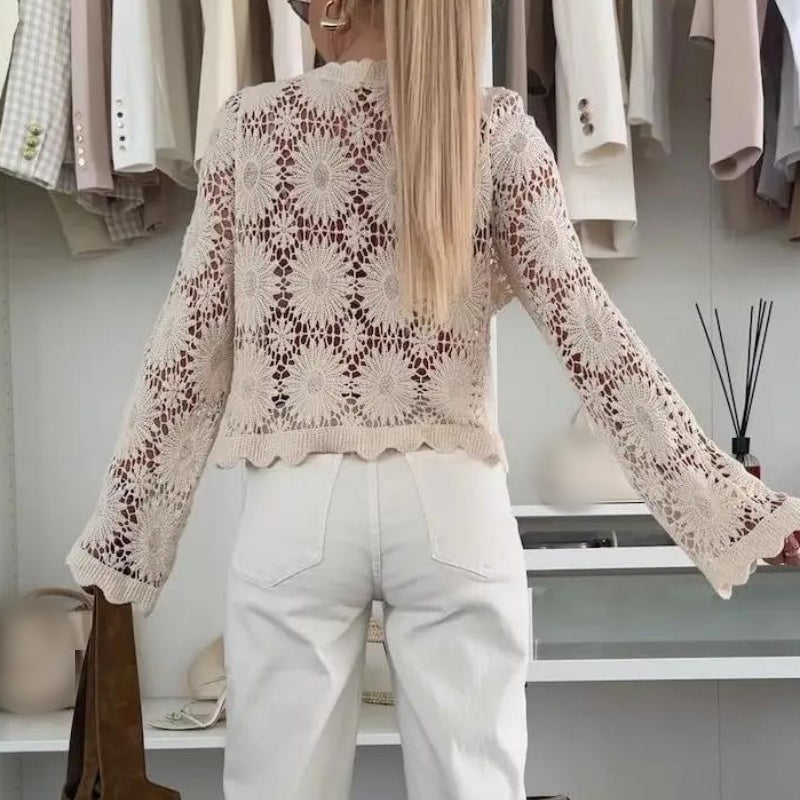Damen Strickjacke mit Blumen-Häkelmuster
