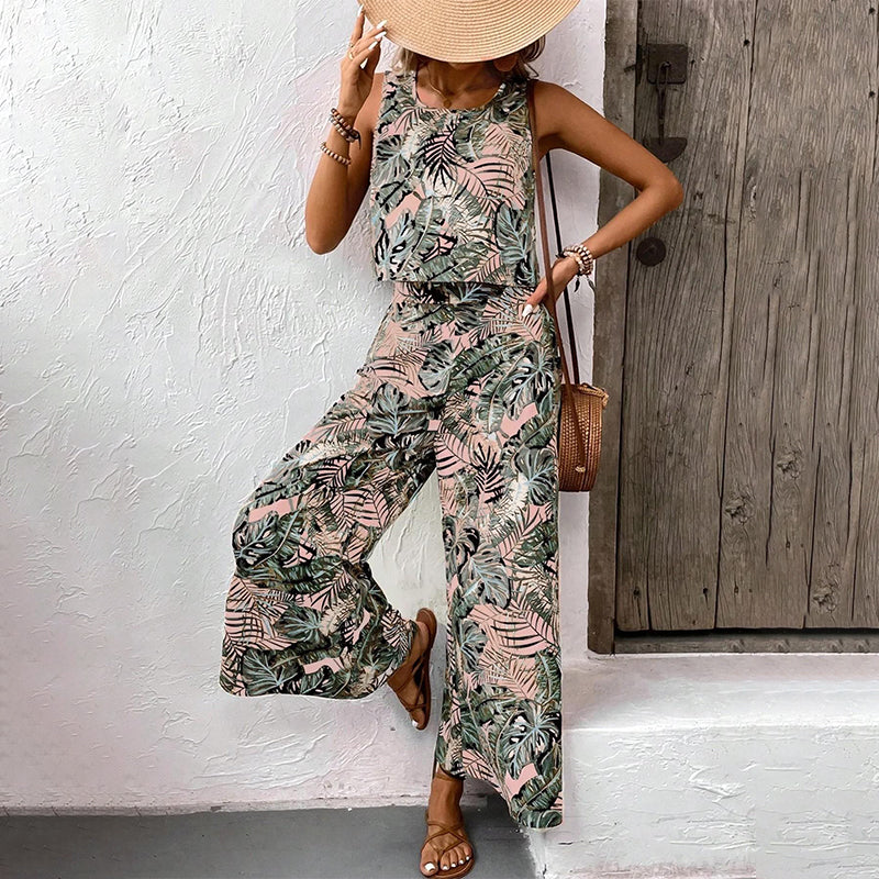 ✨Sommer-Sonderangebot 50% RABATT! 🌴 Damen-Set aus bedrucktem, ärmellosem Top und weit geschnittener Hose