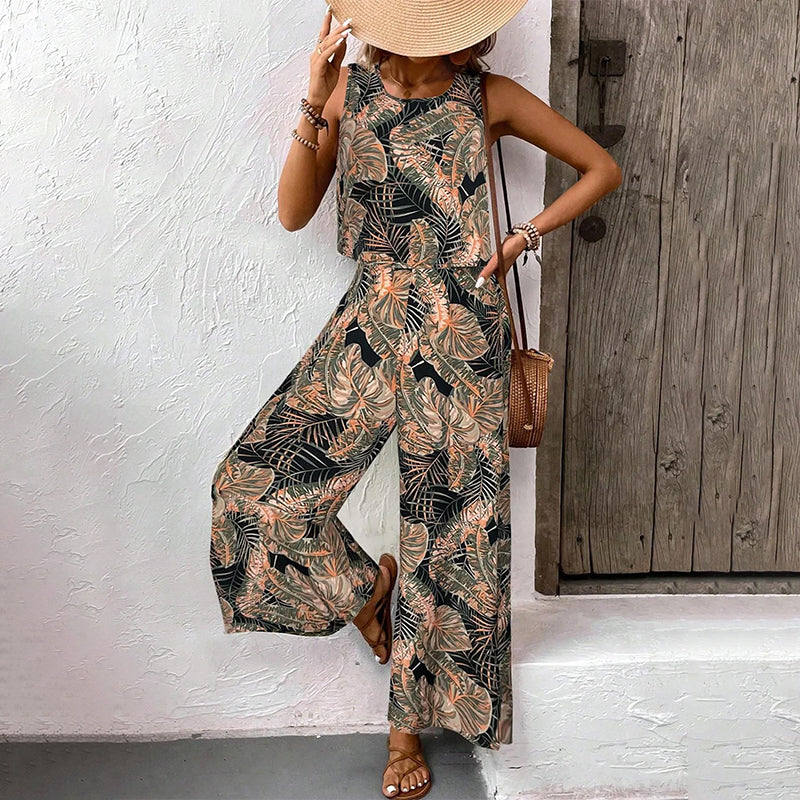 ✨Sommer-Sonderangebot 50% RABATT! 🌴 Damen-Set aus bedrucktem, ärmellosem Top und weit geschnittener Hose