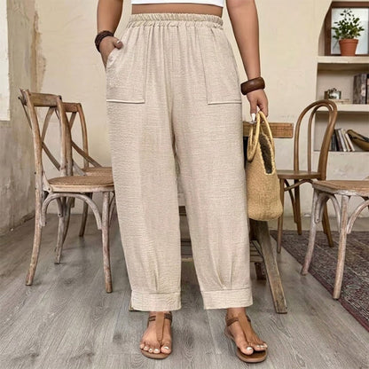 🌾 50 % RABATT LIMITIERT! 👖 Damen Leinen-Optik Freizeithose – Elastischer Taillenbund, locker geschnitten mit Taschen, super bequem für Alltag 🤍