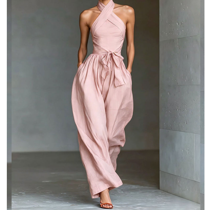Elegant Halter Sleeveless Jumpsuit with Waist Tie