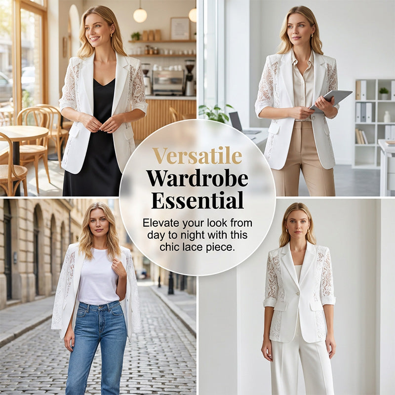 🧥 50% RABATT! 🤵‍♀️ Weißer Spitzen-Blazer – Slim Fit, 3/4-Ärmel & Eleganz für Tag & Nacht – Leicht, luftig – perfekt für Hochzeiten, Büro oder besondere Abende 👑