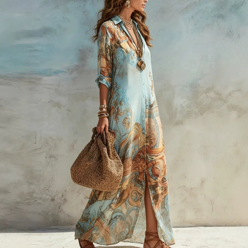 ✨ Exklusiv – 48 % RABATT! 👗 Elegantes Boho-Kleid mit Knopfleiste – Retro-Muster, fließende Silhouette & perfekt für Feste, Urlaub & Alltag 🌿