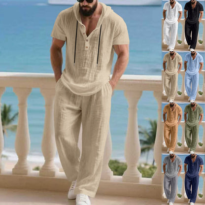 Herren 2-teiliges Leinen-Set Kapuzen-Henley-Hemd & Hose
