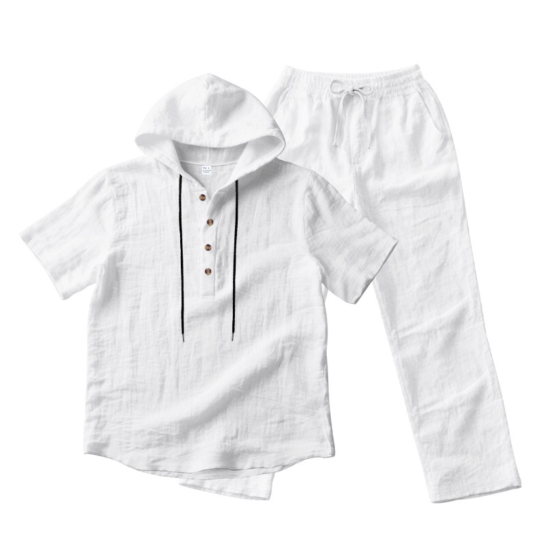 Herren 2-teiliges Leinen-Set Kapuzen-Henley-Hemd & Hose