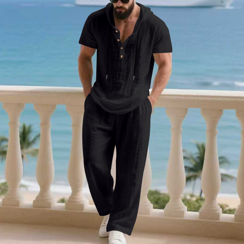 Herren 2-teiliges Leinen-Set Kapuzen-Henley-Hemd & Hose