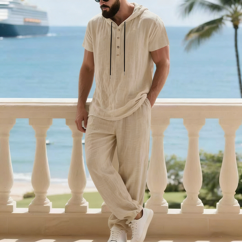 Herren 2-teiliges Leinen-Set Kapuzen-Henley-Hemd & Hose