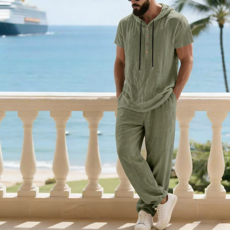 Herren 2-teiliges Leinen-Set Kapuzen-Henley-Hemd & Hose