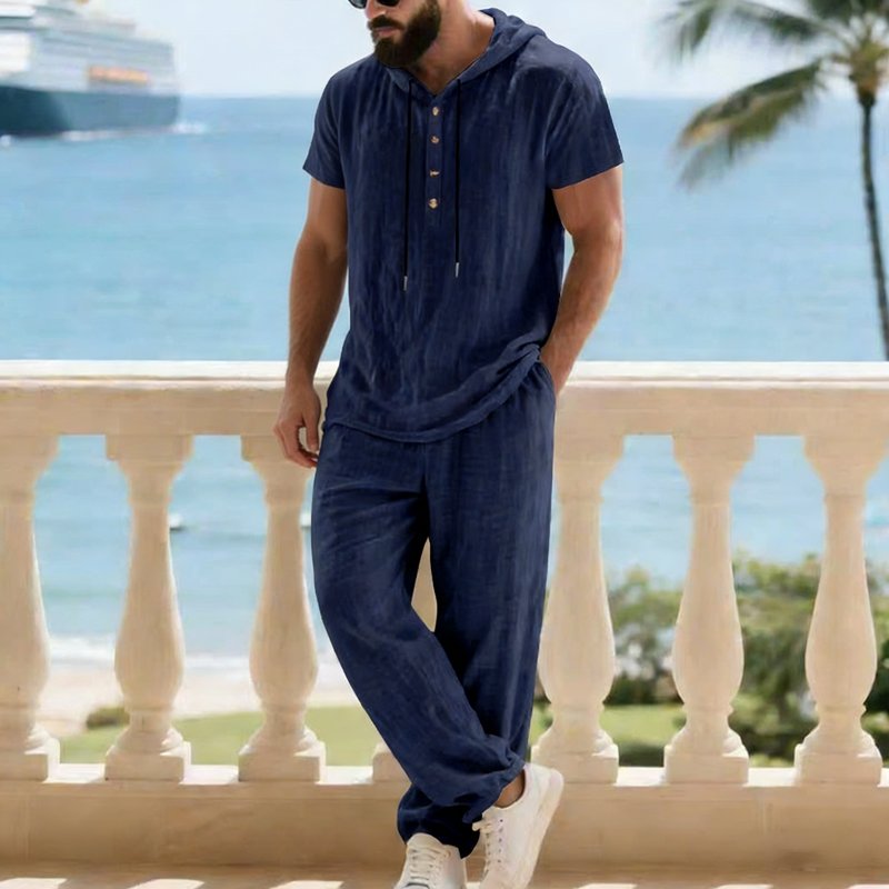 Herren 2-teiliges Leinen-Set Kapuzen-Henley-Hemd & Hose