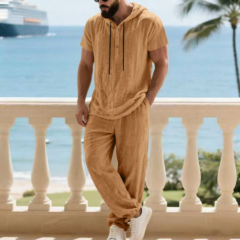 Herren 2-teiliges Leinen-Set Kapuzen-Henley-Hemd & Hose