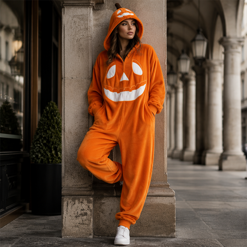 🎉 NUR FÜR KURZE ZEIT 50% RABATT! 🎃 Unisex Halloween Kürbis-Kapuzen-Overall – Festlicher Einteiler mit eingebautem Kürbisgesicht 🎭