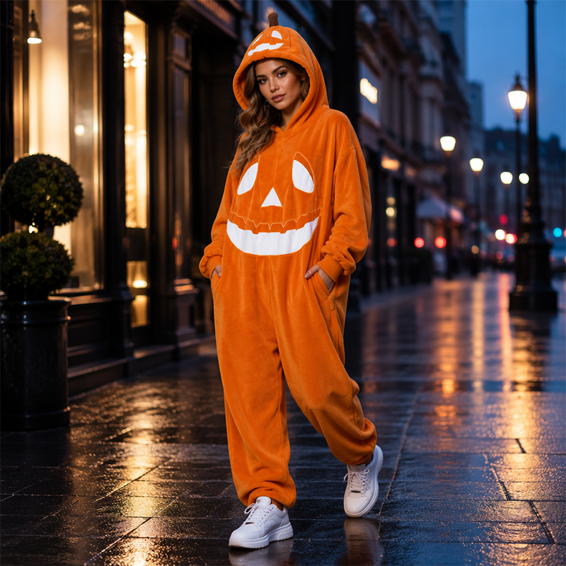 🎉 NUR FÜR KURZE ZEIT 50% RABATT! 🎃 Unisex Halloween Kürbis-Kapuzen-Overall – Festlicher Einteiler mit eingebautem Kürbisgesicht 🎭