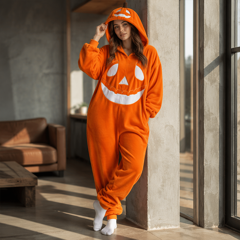 🎉 NUR FÜR KURZE ZEIT 50% RABATT! 🎃 Unisex Halloween Kürbis-Kapuzen-Overall – Festlicher Einteiler mit eingebautem Kürbisgesicht 🎭