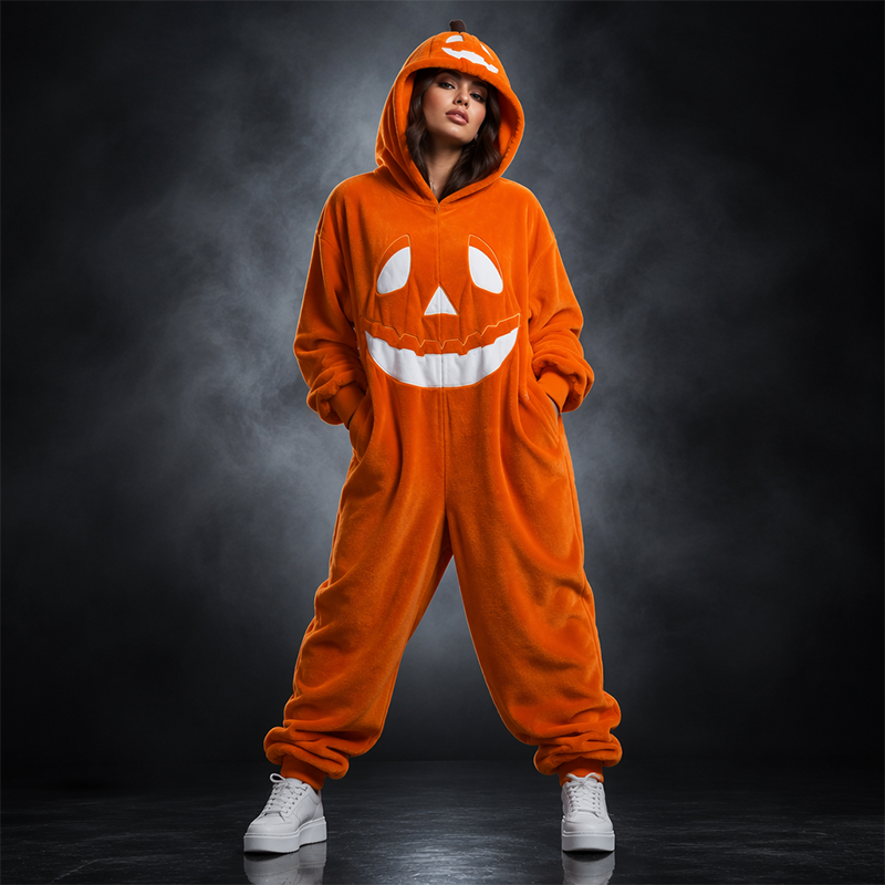 🎉 NUR FÜR KURZE ZEIT 50% RABATT! 🎃 Unisex Halloween Kürbis-Kapuzen-Overall – Festlicher Einteiler mit eingebautem Kürbisgesicht 🎭