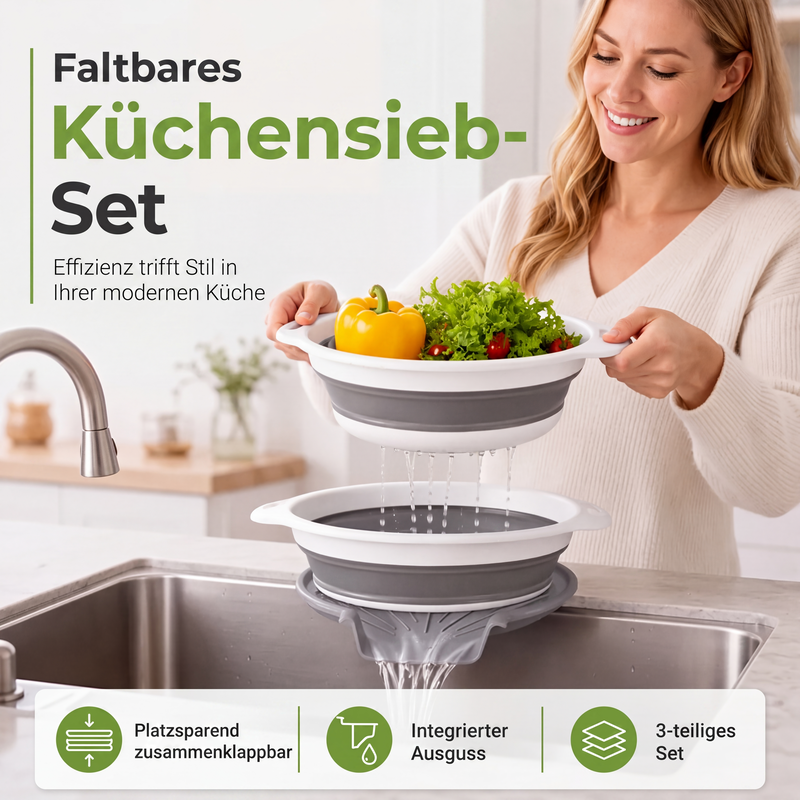 🥗 3-teiliges klappbares Sieb-Set mit Abtropfboden 💧