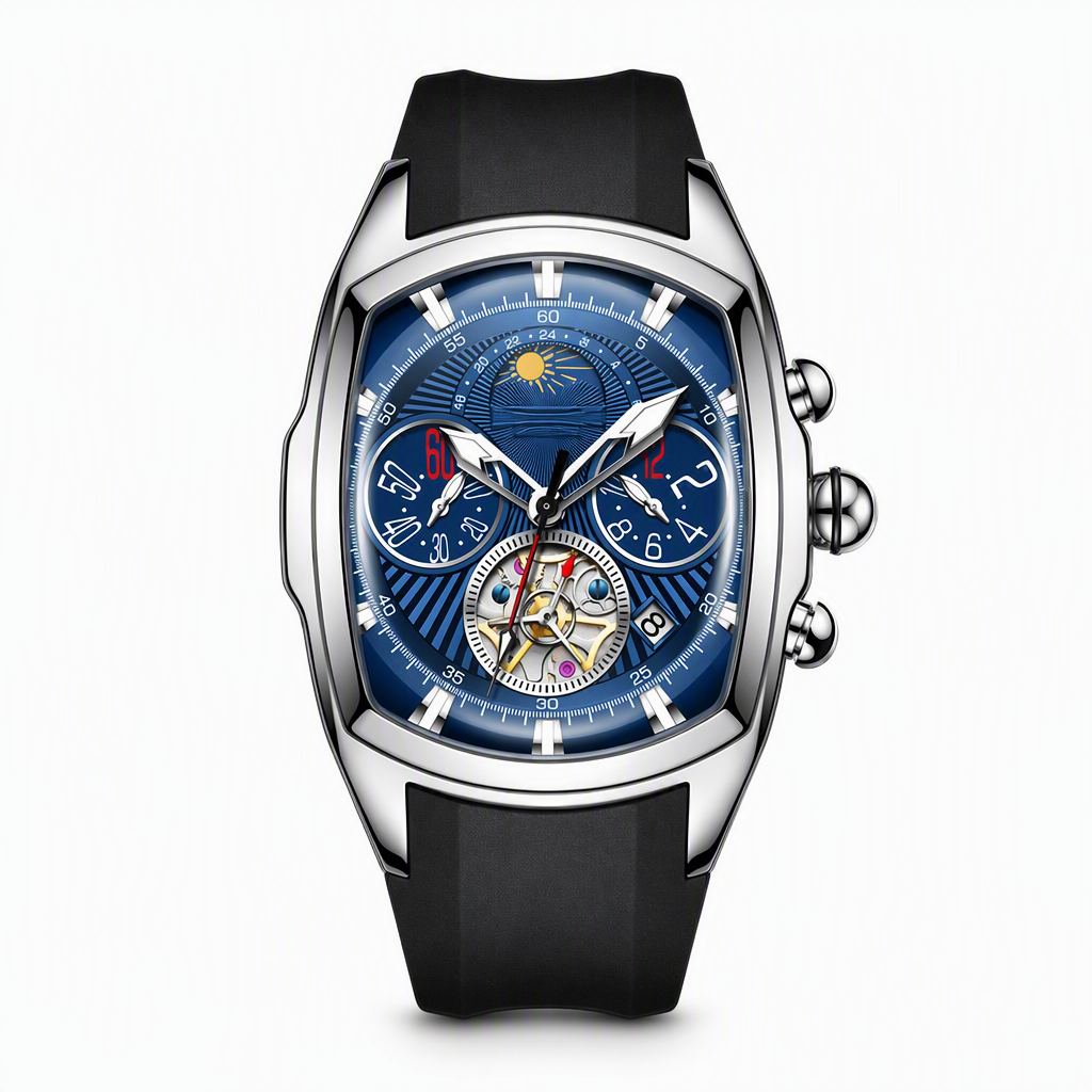 🕰️ Herren Tonneau Quarz-Chronograph mit skelettiertem Zifferblatt, Mondphase, Kalender & Silikonarmband
