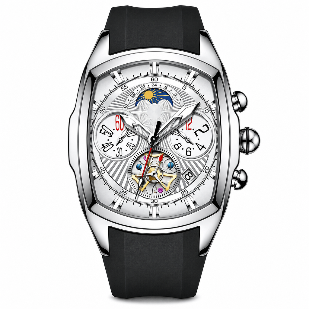 🕰️ Herren Tonneau Quarz-Chronograph mit skelettiertem Zifferblatt, Mondphase, Kalender & Silikonarmband