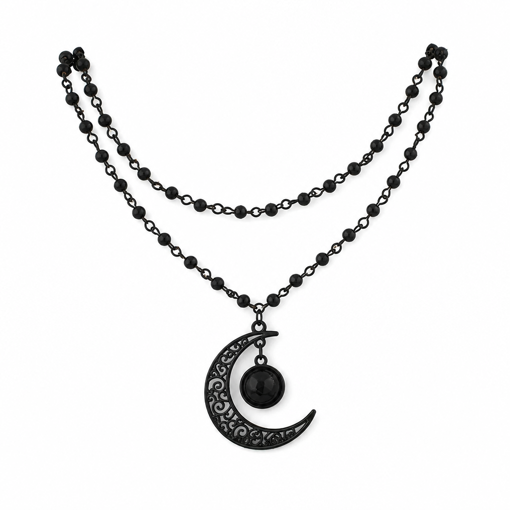 🖤 Sparen Sie 50 %! 🌙 Gothische Halskette aus Kristallperlen – Anhänger in Form eines hohlen Mondes ✨