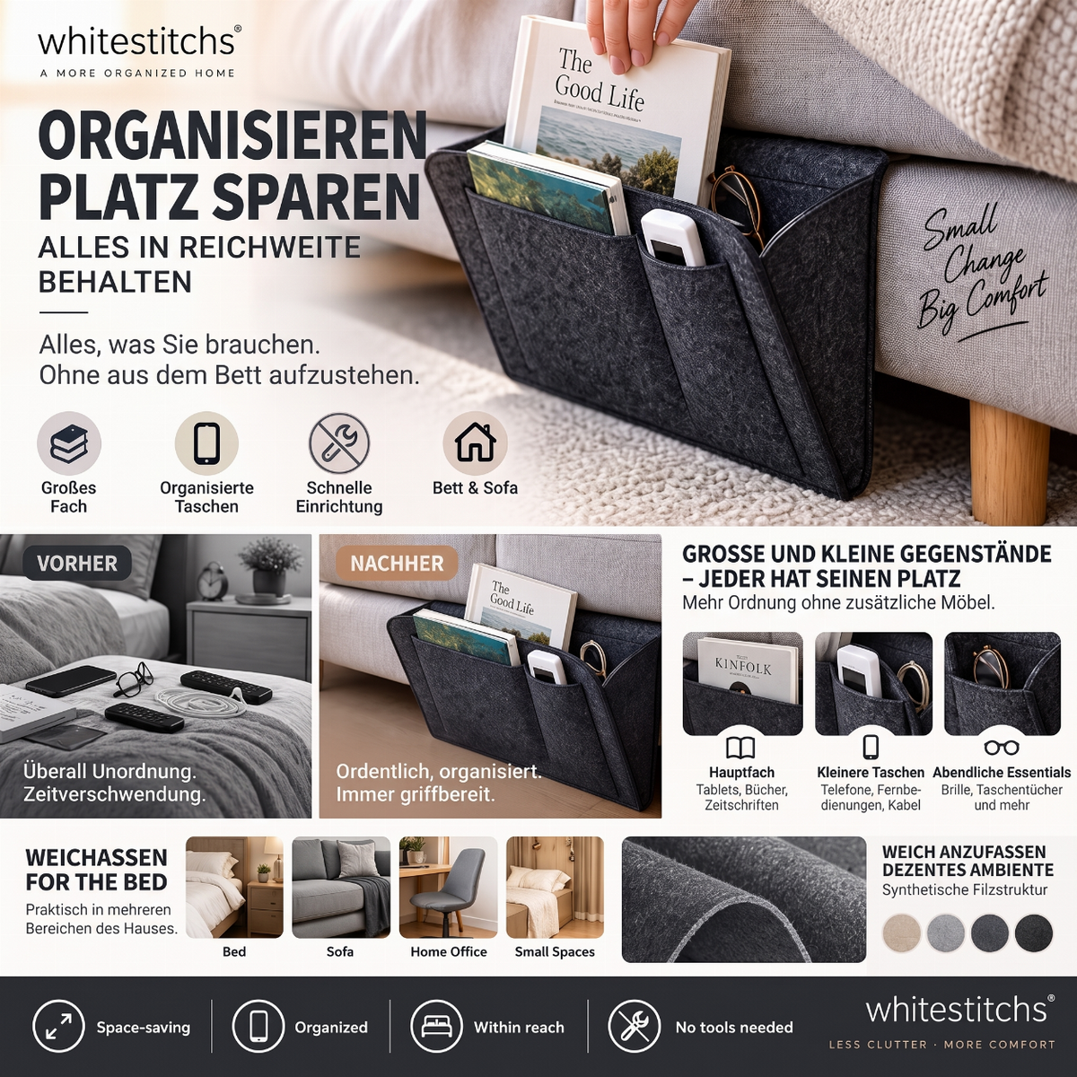 ⚡ Nur online gültige Rabatte 💰 Werkzeugfreier Bettseitiger Organizer – Einschubtasche für das Bett zur einfachen Aufbewahrung