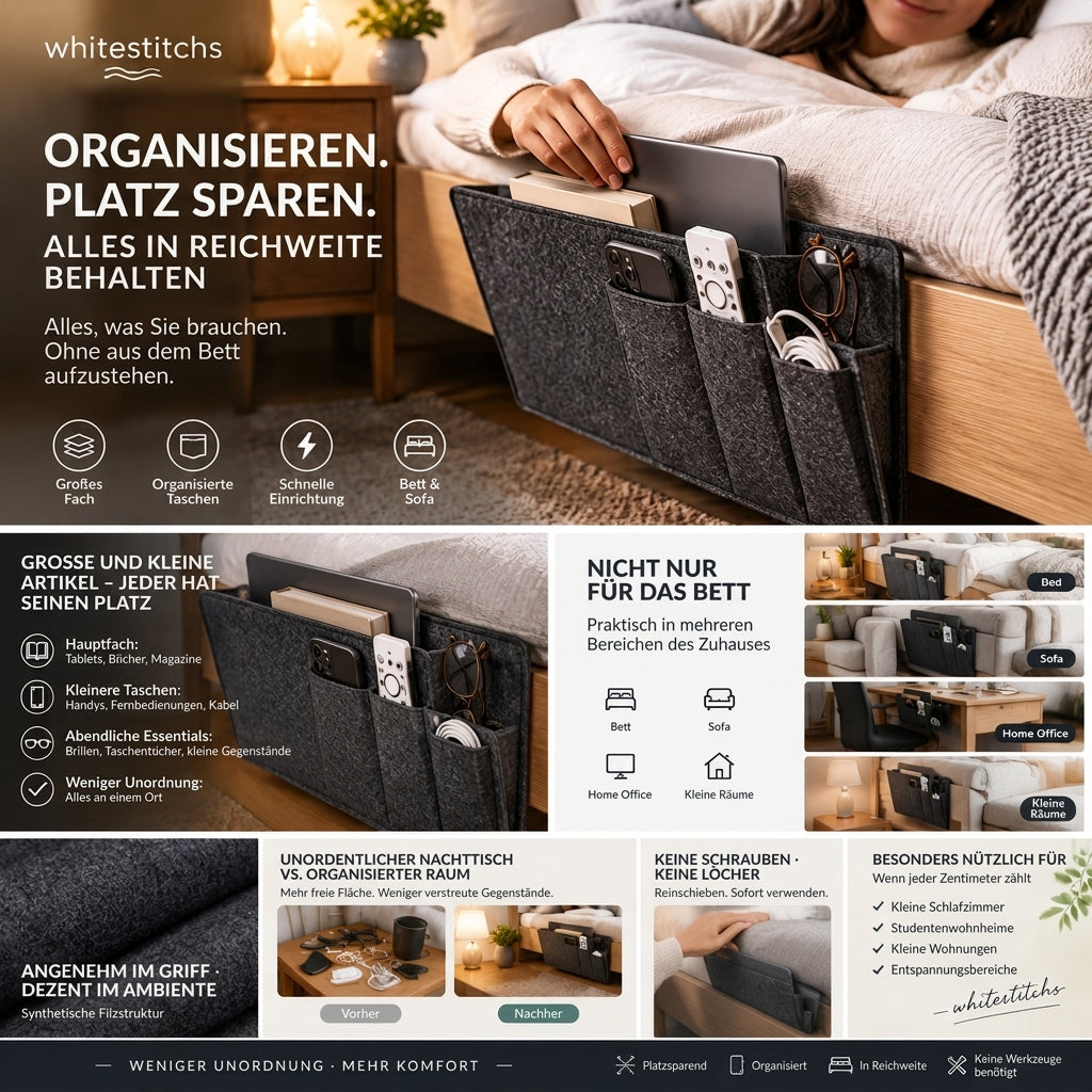 ⚡ Nur online gültige Rabatte 💰 Werkzeugfreier Bettseitiger Organizer – Einschubtasche für das Bett zur einfachen Aufbewahrung