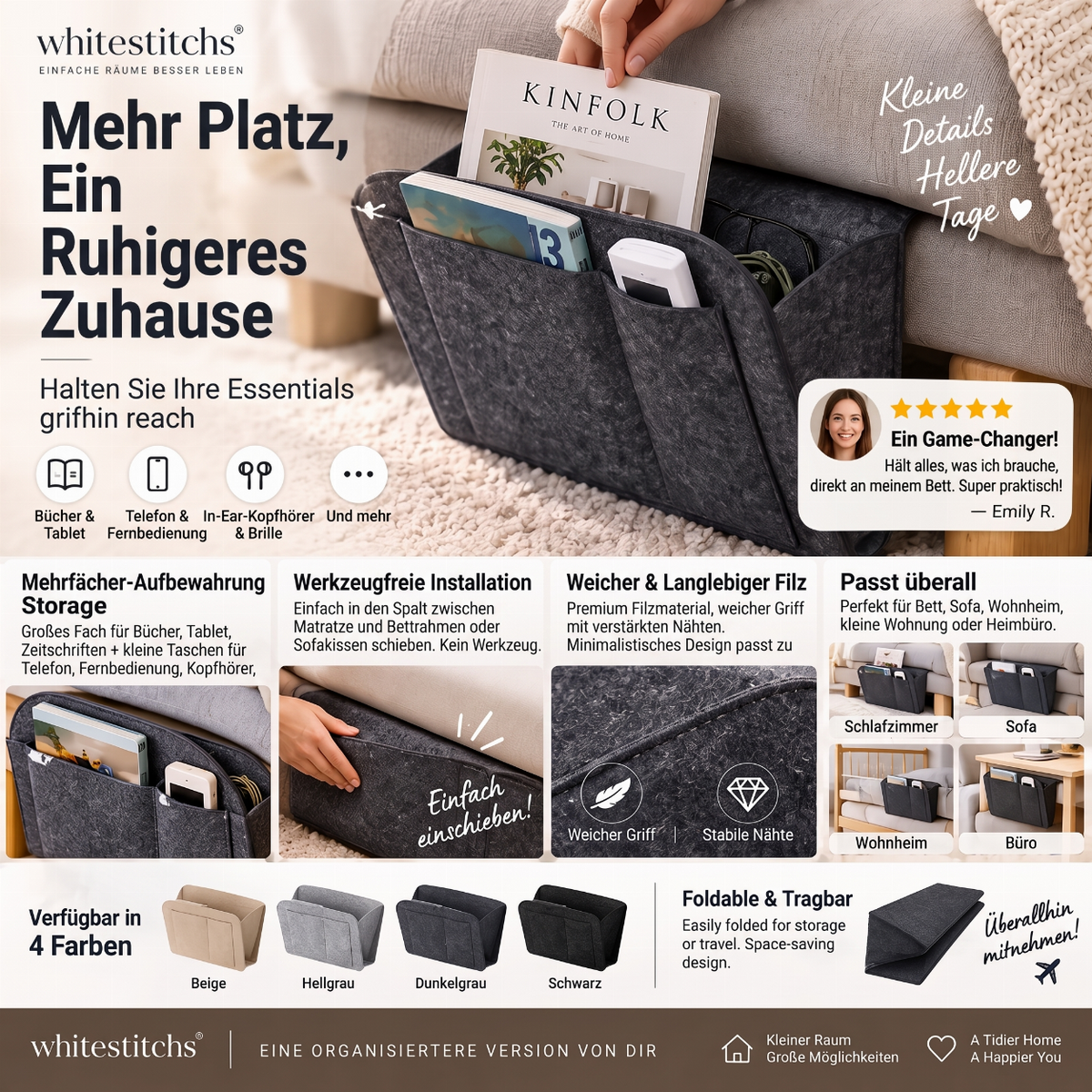 ⚡ Nur online gültige Rabatte 💰 Werkzeugfreier Bettseitiger Organizer – Einschubtasche für das Bett zur einfachen Aufbewahrung