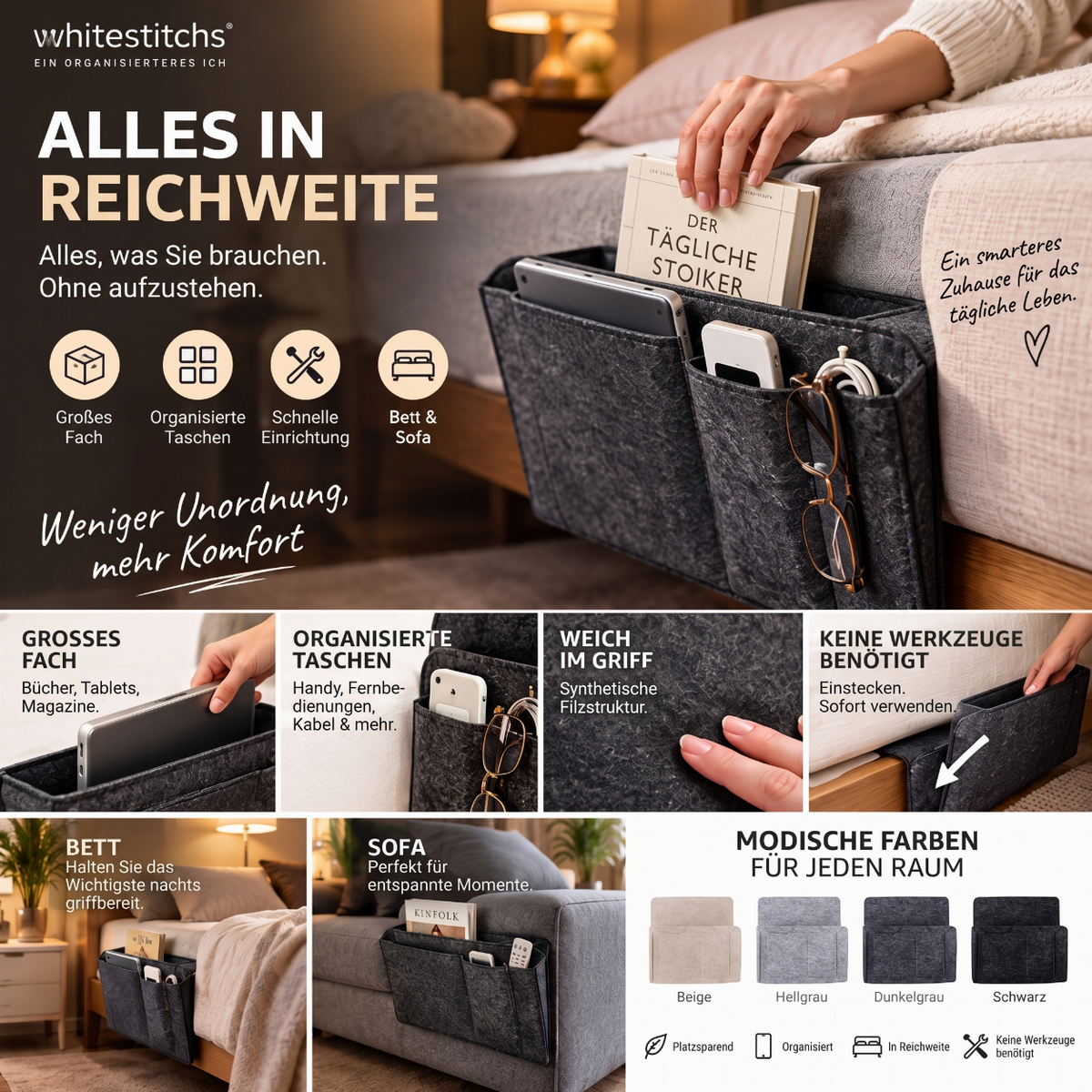 ⚡ Nur online gültige Rabatte 💰 Werkzeugfreier Bettseitiger Organizer – Einschubtasche für das Bett zur einfachen Aufbewahrung