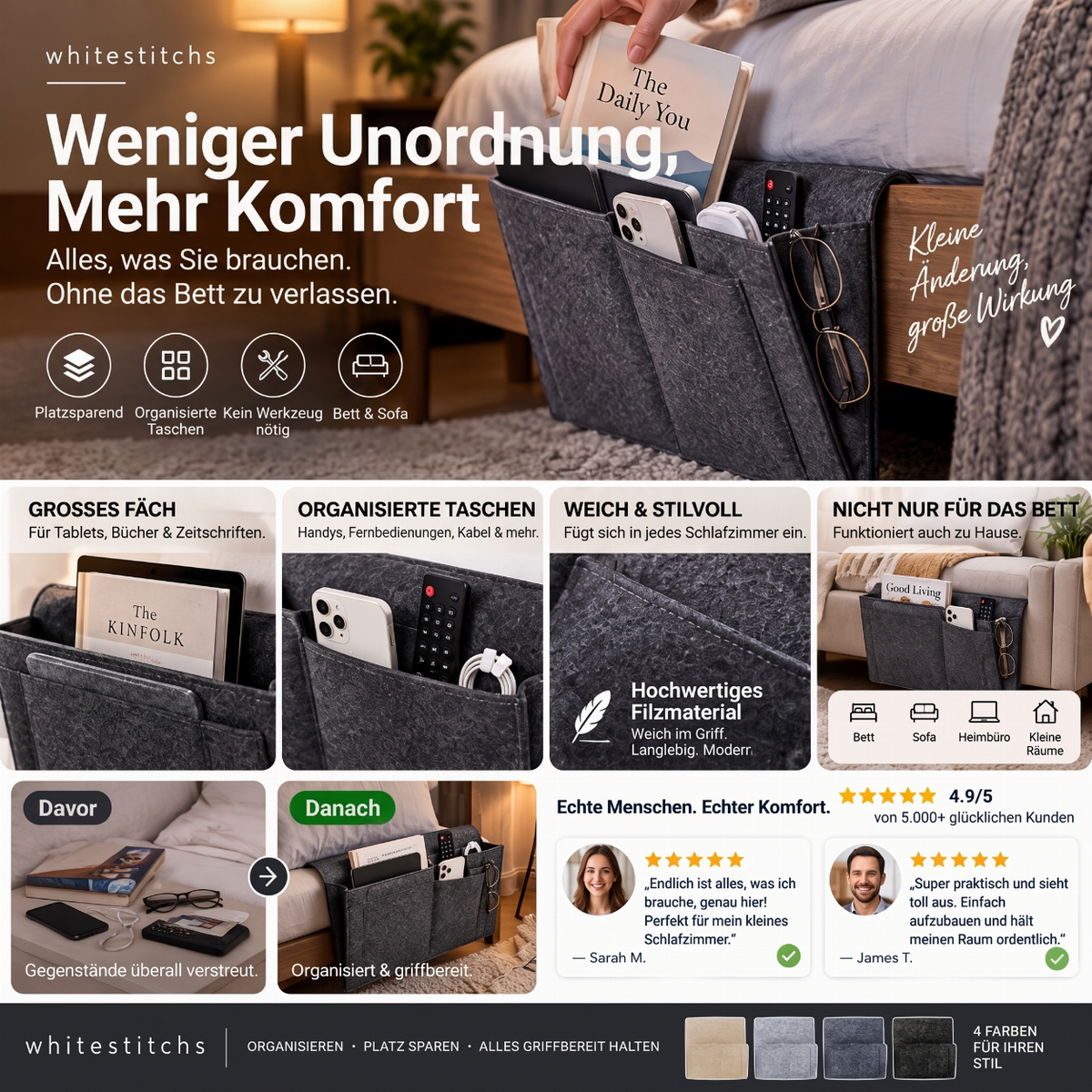 ⚡ Nur online gültige Rabatte 💰 Werkzeugfreier Bettseitiger Organizer – Einschubtasche für das Bett zur einfachen Aufbewahrung