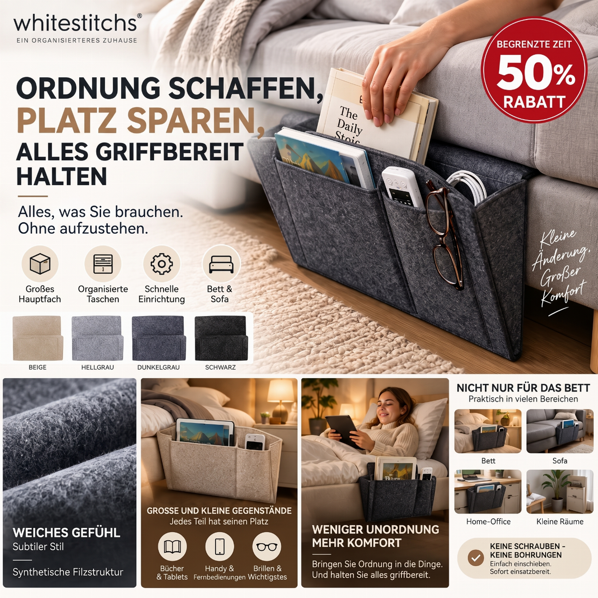 ⚡ Nur online gültige Rabatte 💰 Werkzeugfreier Bettseitiger Organizer – Einschubtasche für das Bett zur einfachen Aufbewahrung
