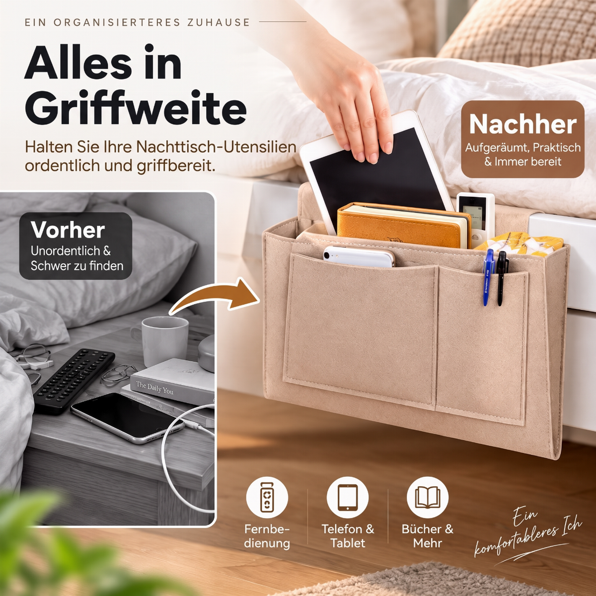 ⚡ Nur online gültige Rabatte 💰 Werkzeugfreier Bettseitiger Organizer – Einschubtasche für das Bett zur einfachen Aufbewahrung