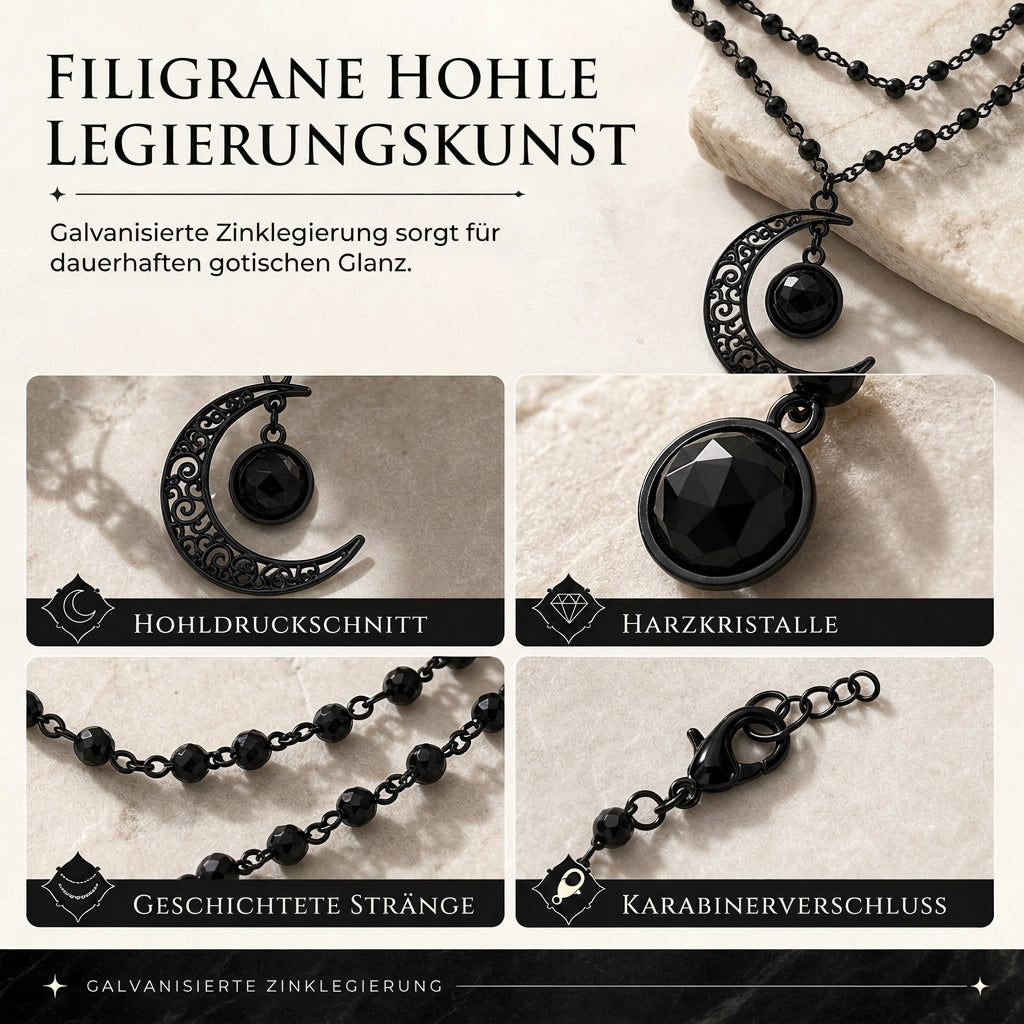 🖤 Sparen Sie 50 %! 🌙 Gothische Halskette aus Kristallperlen – Anhänger in Form eines hohlen Mondes ✨