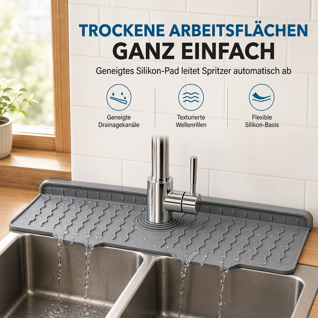 ⏳Begrenzte Zeit 50% Rabatt💥Zuschneidbarer Spritzschutz für Wasserhähne aus lebensmittelechtem Silikon, verdickte schräge Abtropfmatte für Küchenspülen mit Muster
