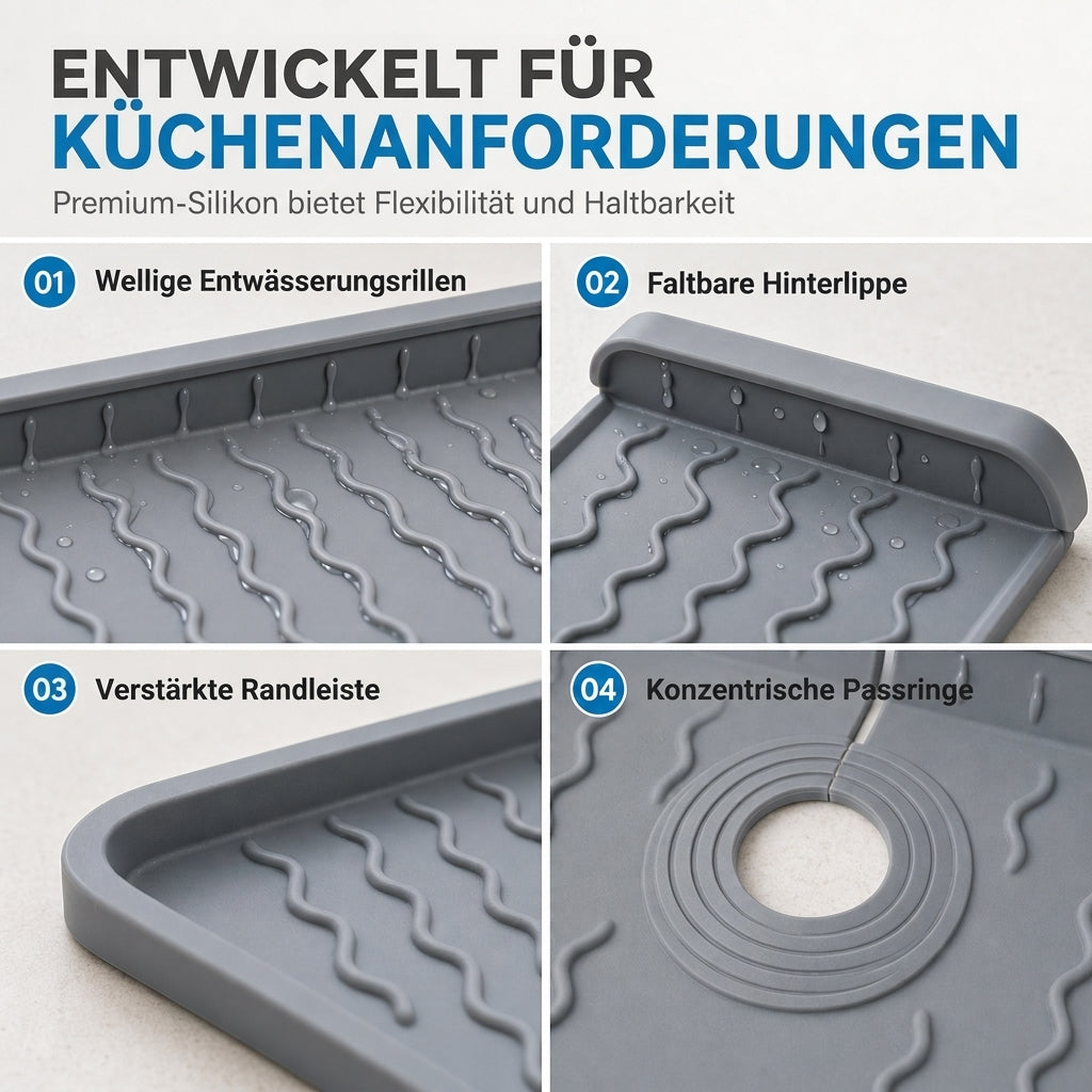 ⏳Begrenzte Zeit 50% Rabatt💥Zuschneidbarer Spritzschutz für Wasserhähne aus lebensmittelechtem Silikon, verdickte schräge Abtropfmatte für Küchenspülen mit Muster