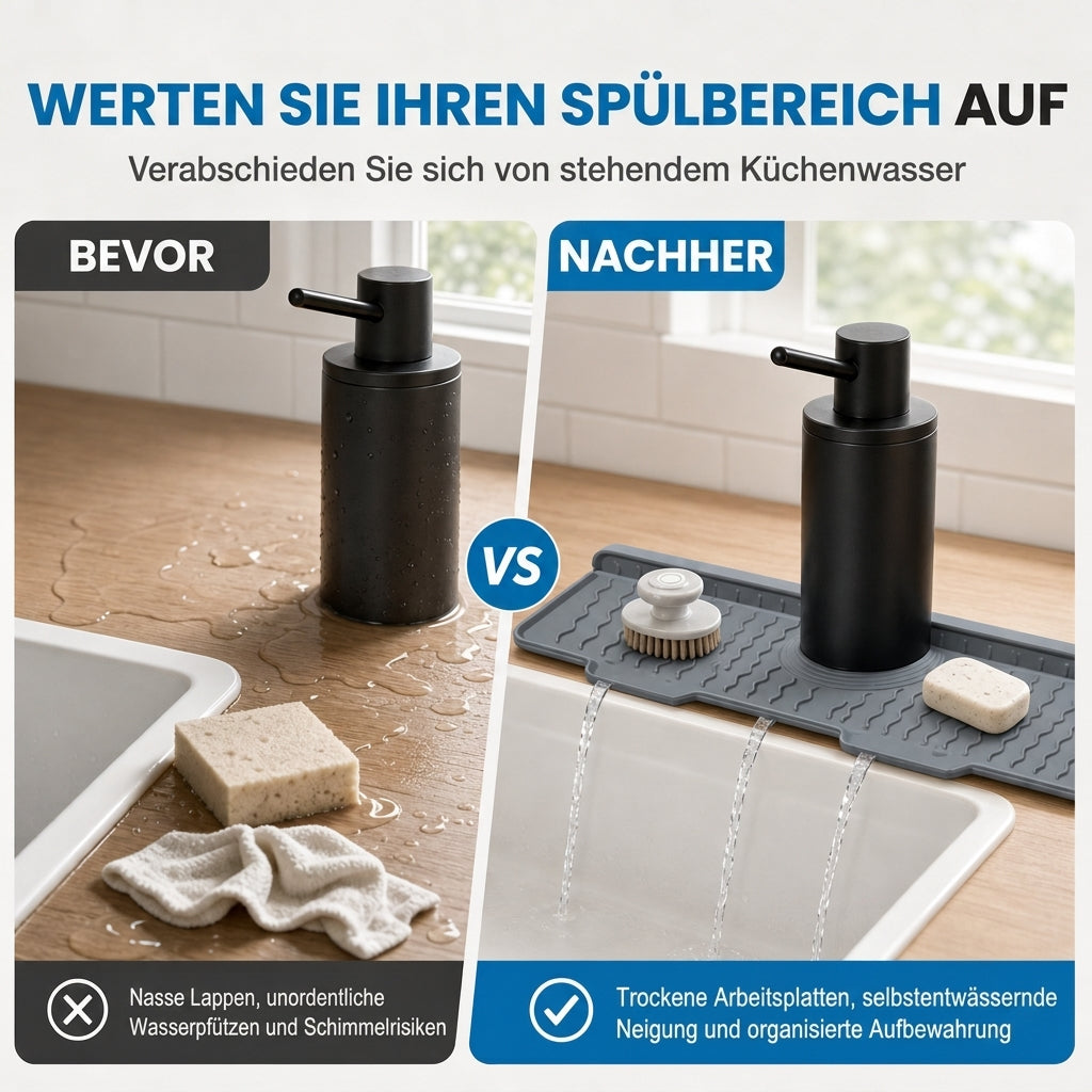 ⏳Begrenzte Zeit 50% Rabatt💥Zuschneidbarer Spritzschutz für Wasserhähne aus lebensmittelechtem Silikon, verdickte schräge Abtropfmatte für Küchenspülen mit Muster