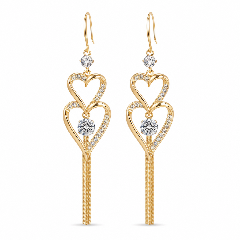 💫 Begrenzte Zeit 50% Rabatt 💎 Elegante vergoldete Doppel Herz Quasten Ohrringe mit Strass für Damen