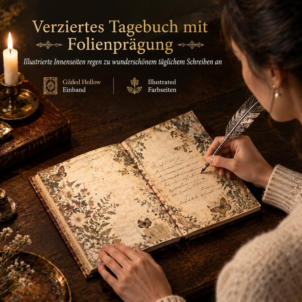 📖 Begrenzte Zeit 50% Rabatt 🌹 Hardcover-Notizbuch im Vintage-European-Stil mit geprägtem Einband, Goldfolien-Akzenten und farbig illustrierten Seiten