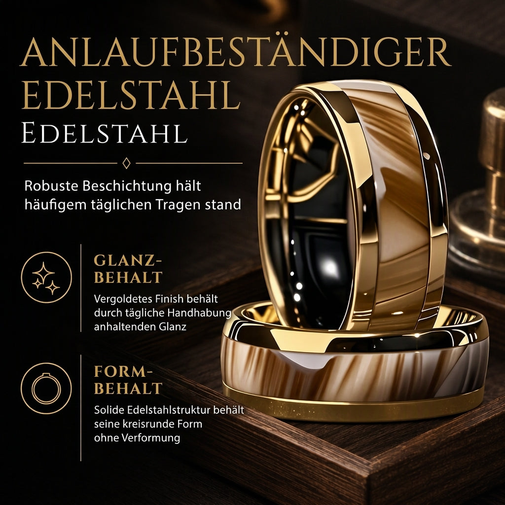 💍 Begrenzte Zeit 50% Rabatt ✨ Edelstahl Ring mit Emaille-Streifen – Rostfreier 316L Titanstahl, glänzende 18K Gold Spiegel-Elektroplattierung, kontrastierendes schwarzes Emaille-Streifen Inlay & ergonomischer Komfort-Passform Innenraum – 7 Größen 💎