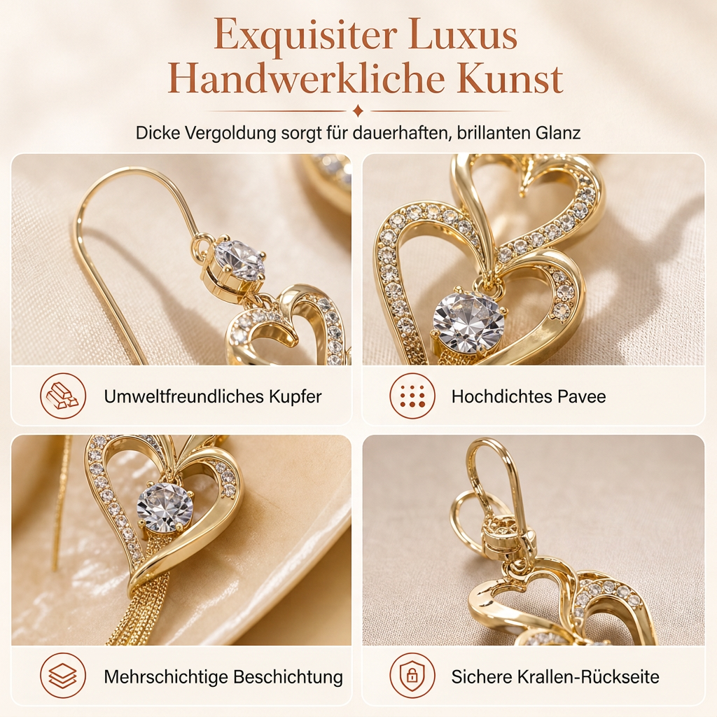💫 Begrenzte Zeit 50% Rabatt 💎 Elegante vergoldete Doppel Herz Quasten Ohrringe mit Strass für Damen