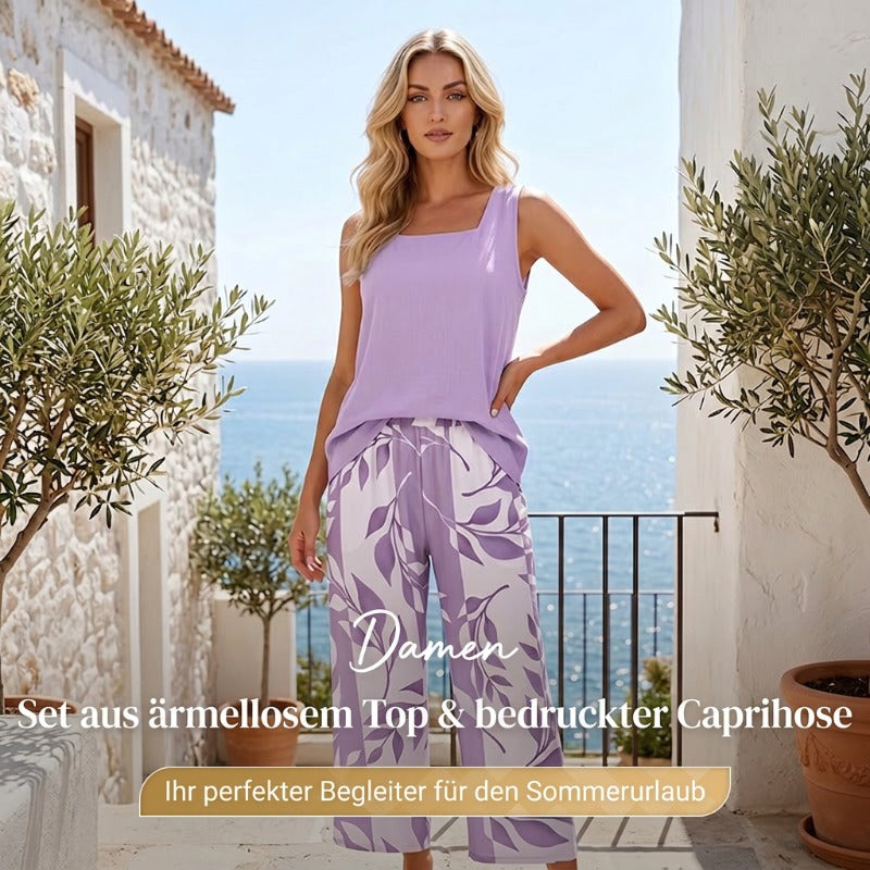 Damen Set aus ärmellosem Top & bedruckter Caprihose