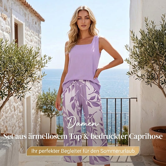 Damen Set aus ärmellosem Top & bedruckter Caprihose