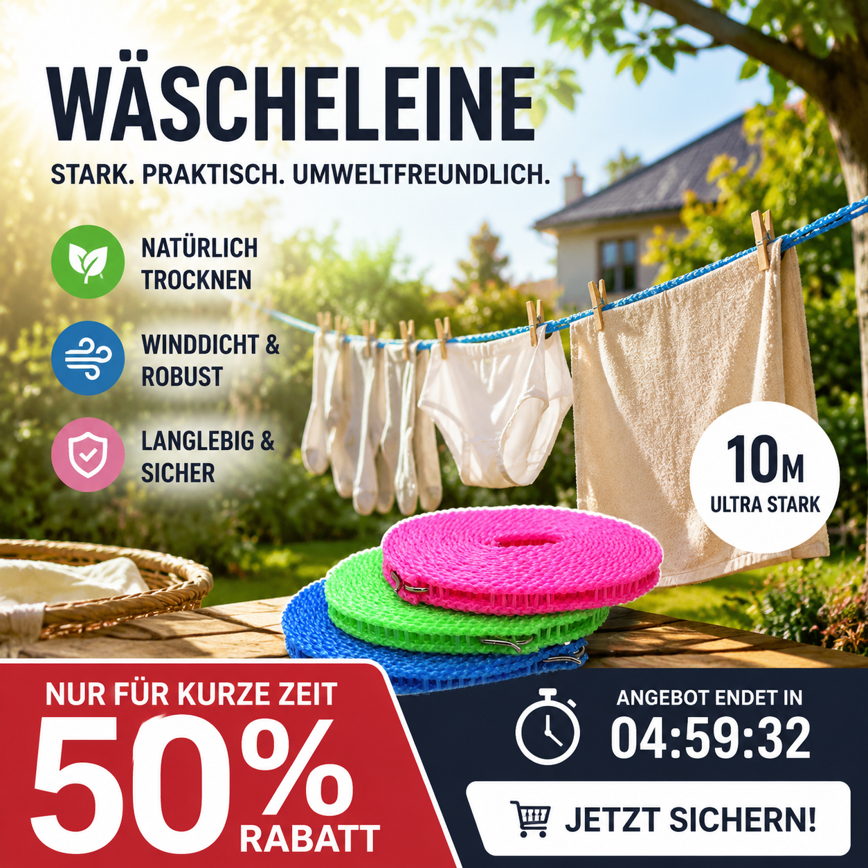 🧺 50% RABATT! 🔥 Rutschfeste Wäscheleine – Langlebig & UV-beständig – Perfekt für Balkon, Garten oder Waschküche – hält Kleidung sicher an Ort und Stelle ☀️